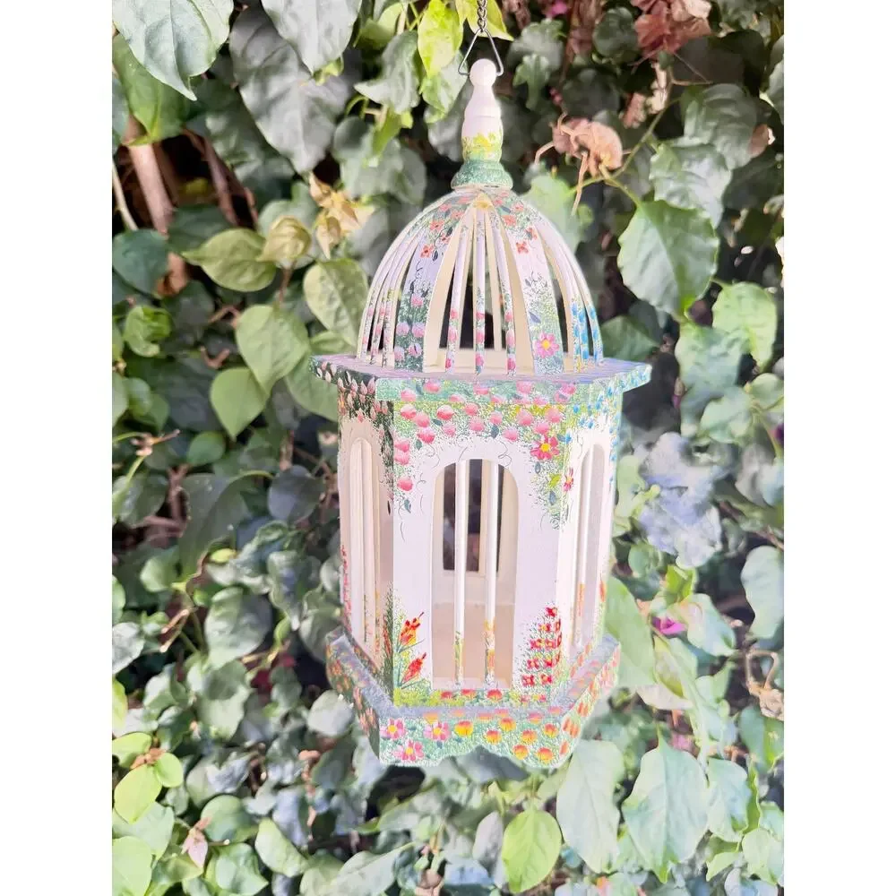 Hand Painted Wood Floral Birdcage Hanging Decor Folk Art Cottagecore Grandmacore